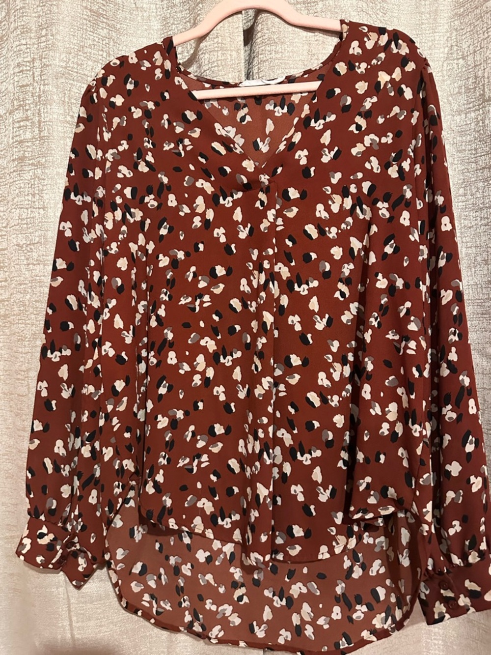 Rust Floral-Spot Long-Sleeve V-Neck Blouse